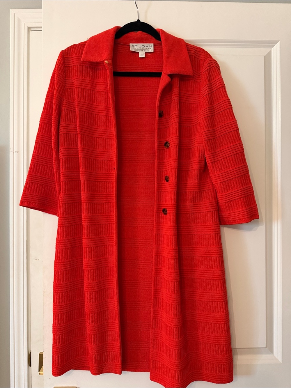St. John Red Knit Long Open Cardigan